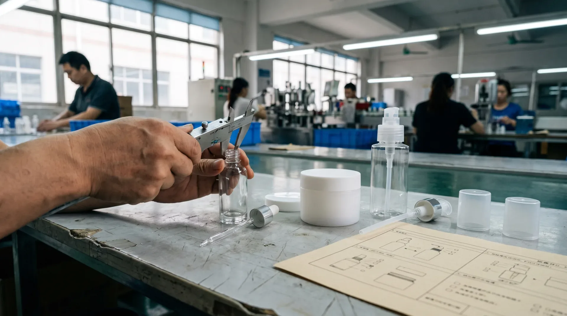 A packaging quality engineer measures the neck finish of an unbranded glass bottle beside pump, jar, and cap samples.