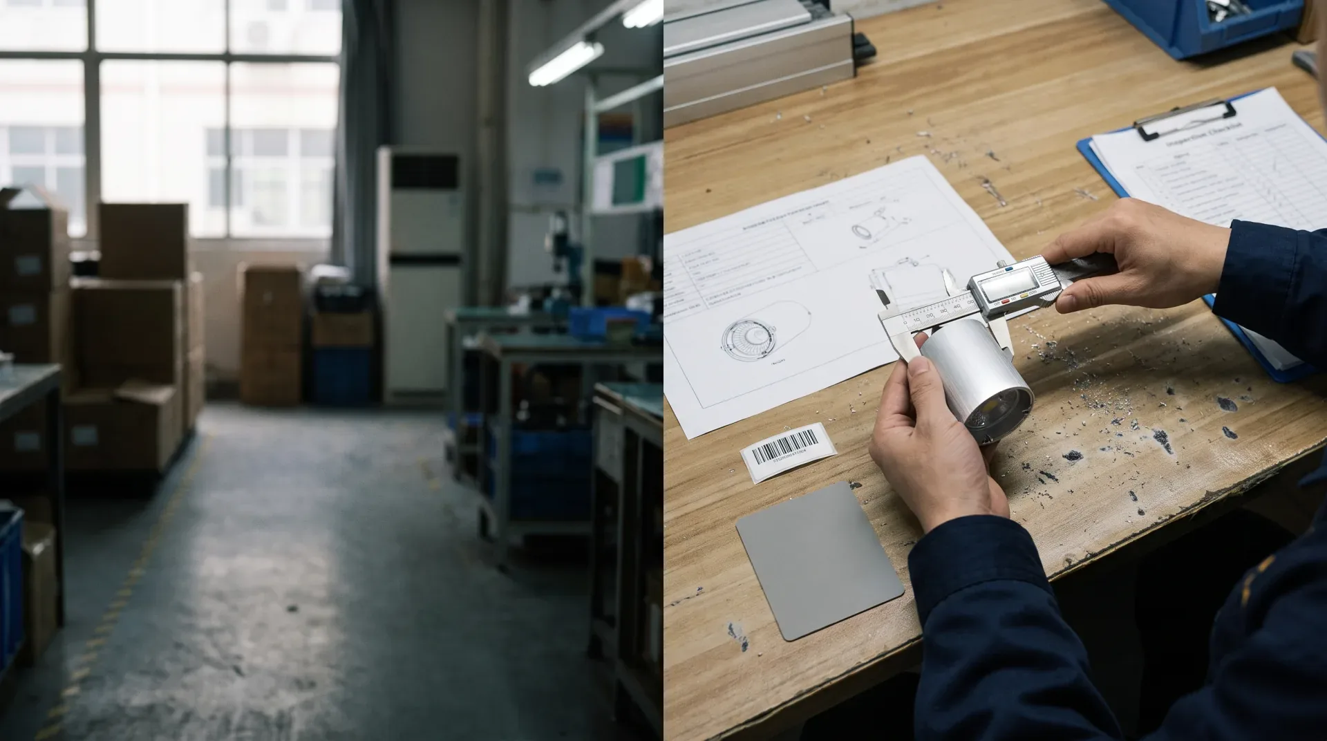 Illustrative quality-control scene showing an engineer measuring an LED track-light sample with a digital caliper.