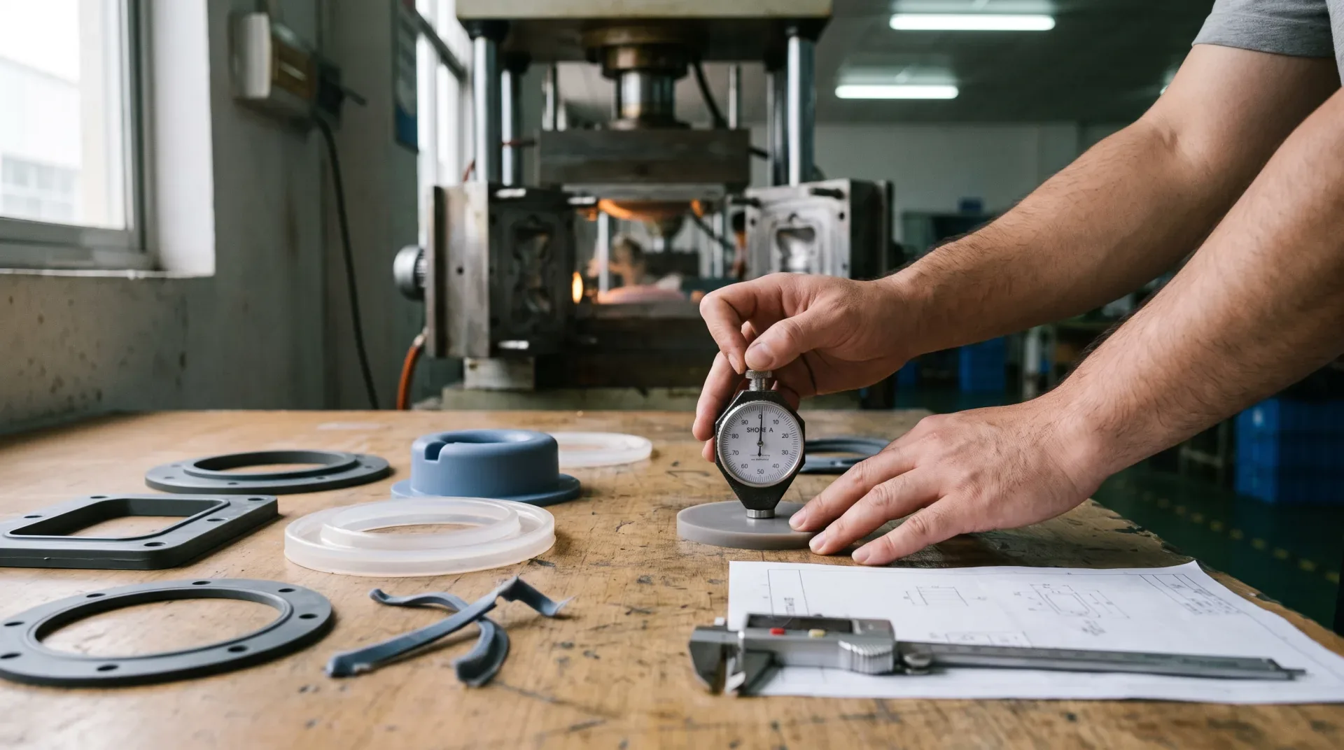 A quality engineer uses a Shore A durometer to check an unbranded molded silicone test piece beside industrial seals.